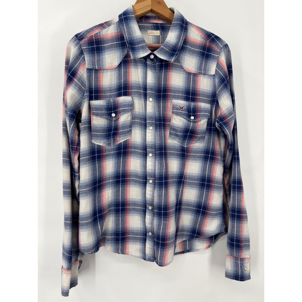 Hollister Women L Blue Pink Plaid Lightweight Flannel Western Pearl Snap Cowgirl